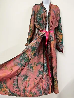 Pink SILK Kimono Long Vintage Boho Folk Gown Robe Indian Original Belt Missing • $55.49