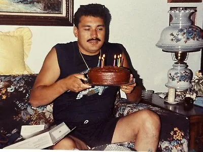 1U Photograph Handsome Man Moustache Holding Chocolate Birthday Cake 1989 • $14.50