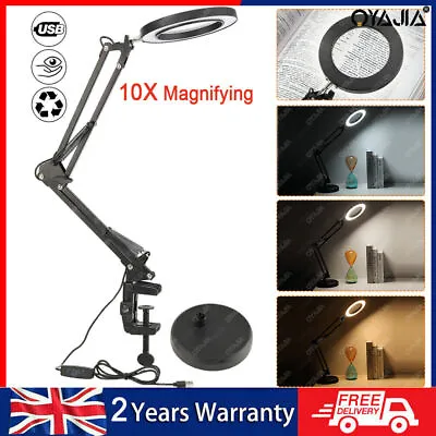 10 X Magnifier Foldable Glass LED Desk Lamp Light Stand Clamp Beauty Magnifying • £22.99