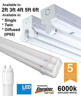 T8 LED Batten Fittings Single Twin & IP65 2ft 4ft 5ft 6ft With Energizer Tubes • £22.41