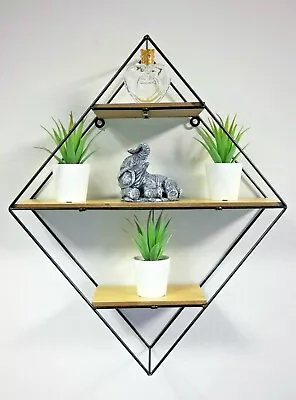 Wall Mounted Shelf Home Diamond Wood Metal Hanging Decor Storage Shelves • £10.99