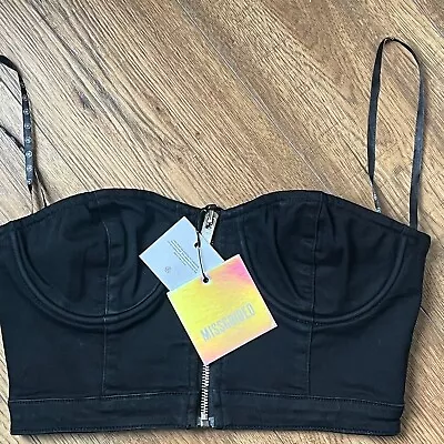 Missguided Denim Bralette Zipped Top With Silicon Band Size UK 8 Black BNWT • £8.90