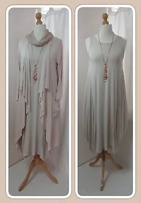 Bnwt Quirky Lagenlook Beige Jersey Balloon Dress Draped Sides Osfa • £26.99