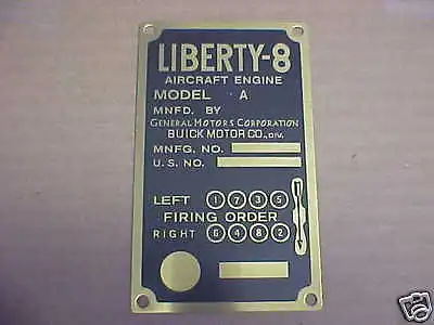 Liberty 8 Aircraft Firing Order Data Plate GM Buick Engine - Acid Etched Brass • $529.17