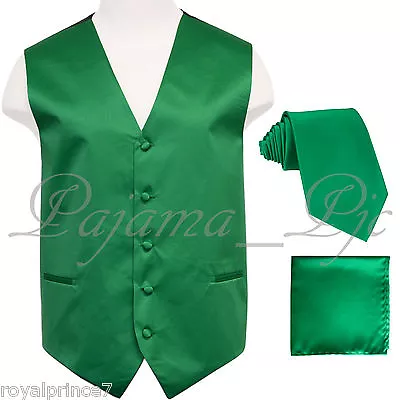 Emerald Green Tuxedo Vest Waistcoat And Neck Tie Hanky Set Prom Wedding 10JJ • $23.31