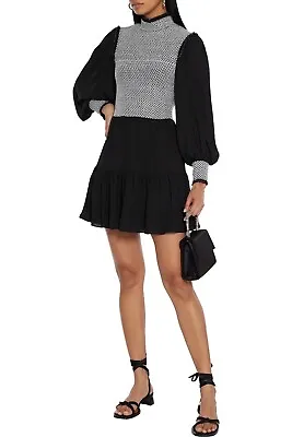 Alice + Olivia Elvira Smock Bodice Tiered Mini Dress Black White Size 10 NWT • $175