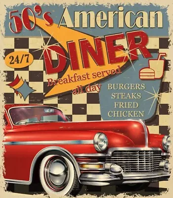 1950's Metal Sign Vintage Style American Diner Plaque Fast Food Cafe Bar • £0.99