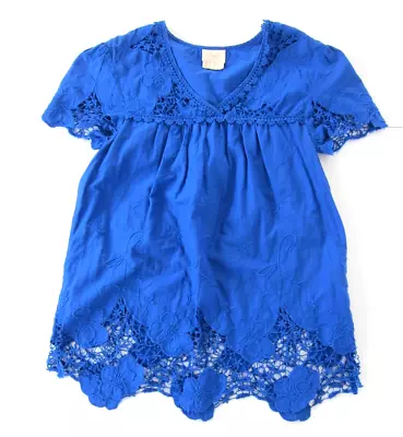 Vanessa Virginia Anthropologie Cotton Blue Embroidered V-Neck Peasant Blouse 2 • $24.99