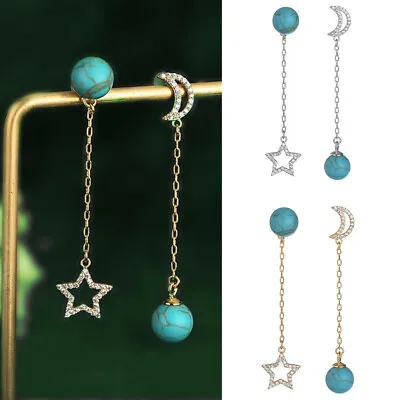 $0.73 • Buy Asymmetrical  Moon Star Turquoise Long Chain Dangle Earrings For Party Jewelry