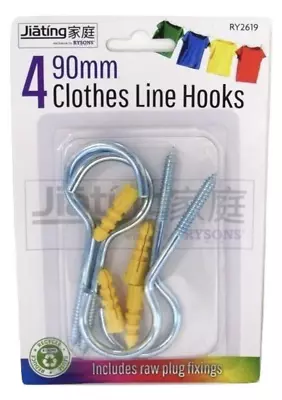 Washing Line 4Hooks & 4 Plugs Hooks Long 90mm Cloth Line Hooks Laundry Washing  • £2.67