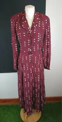 Laura Ashley Vintage 90s Sz 12 Burgundy Polkadot Wartime Button Through Tea Dres • £29.99