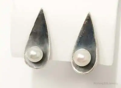 RARE Vintage Modernist Ed Wiener Pearl French Screw Back SterlingSilver Earrings • $448