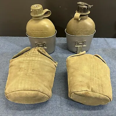 Pair Of U.S. Army Vietnam War Canteen W/ Canvas Covers Metal Cups 1969 & 1972 • $39.95