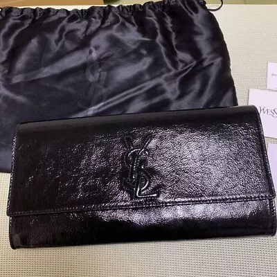 Yves Saint Laurent YSL Logo Clutch Hand Bag Women Patent Enamel Black USED • $838.31