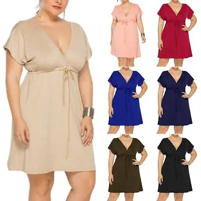 $24.39 • Buy Women Plain V Neck Short Sleeve Mini Dress Ladies Summer Beach Dresses Plus Size