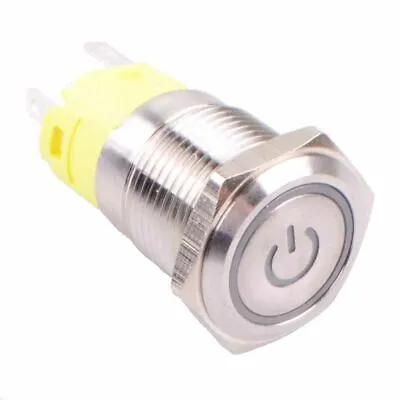 White LED On-On Latching 19mm Vandal Push Switch SPST Power Symbol • £7.49