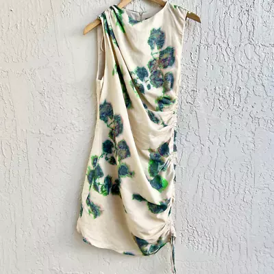 Zara Sleeveless Linen Blend Printed Ruched Mini Dress Beige Green Women's Size L • $50