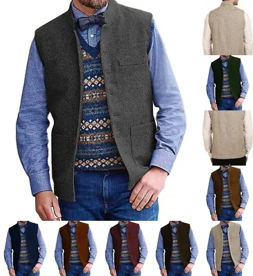 Men Tweed StandUp Collar Vest Waistcoat Hunting Vintage Herringbone Wedding Wool • £23.99