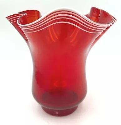 Red Art Glass Handkerchief Vase With White Ruffle Top Edge Hand Blown 8 1/4   • $27