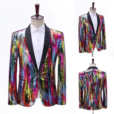 Mens Shawl Lapel Suit Blazer Colorful Glitter Sequin Jacket Dance Costume Formal • $76.34
