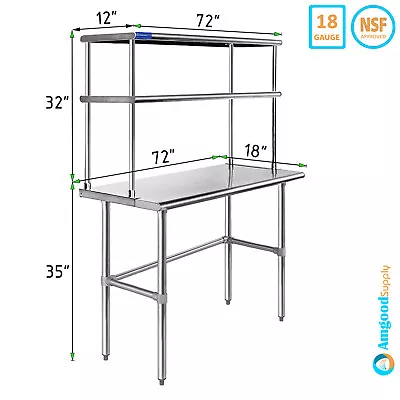 18  X 72  Stainless Steel Open Base Table With 12  Wide Double Tier Overshelf • $574.95
