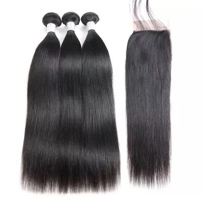 Malaysian  Virgin Hair Straight 3 Bundles 18 20 22  With 18  4 By 4 Lace Closure • $152.06