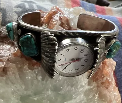 Native American Navajo JB 4 Stone Turquoise Sterling Silver Bead Leaf Watch Cuff • $145