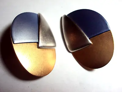 MONET Vintage Clip On Earrings Modernist Copper Tone Silver Blue Art Deco • $28.95