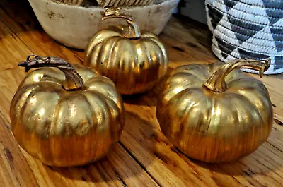 Gold Metallic Brushed Pumpkins With Stems 4  Tall Set Of 3 • $14.99