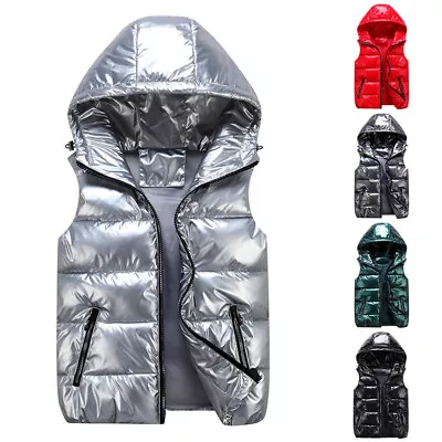 Adults Mens Bubble Jacket Coat Top Quilted Hooded Waistcoat Metallic Shiny Gilet • $31.94