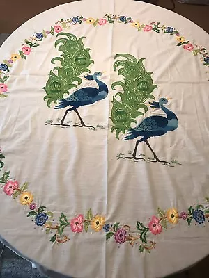 Peacocks Floral Tablecloth Vintage Peacock Bird Sheet Thomaston Embroidered RARE • $99.99