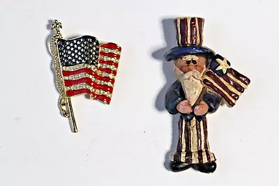 Two Pins Vintage UNCLE SAM & AMERICAN FLAG By Monet Inscribed For 9-11-2001 • $22.50