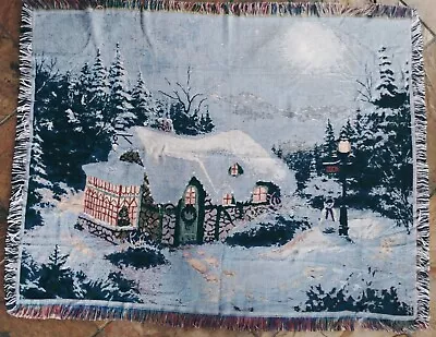 Winter Cabin Woven Cotton Fringed Blue Throw Blanket 46 X60   • $14.99