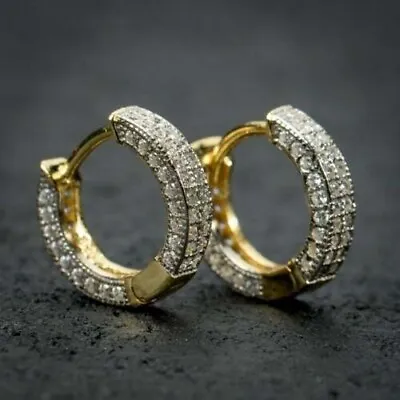 2.40 Ct Real Moissanite Mens Huggie Hoop Earrings Yellow Gold Plated Silver • $74.24