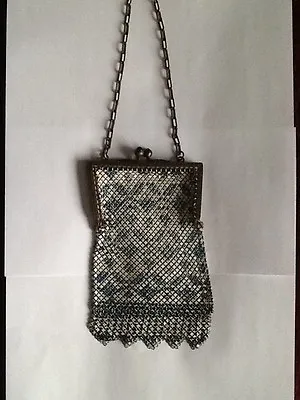 Vintage Mesh Purse With Metal Chain Blue & White W/ Saw Tooth Bottom • $56