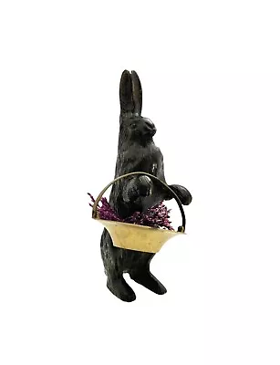 Rabbit Bunny Figurine Bronze With Brass Basket & Dried Flowers Vintage • $185