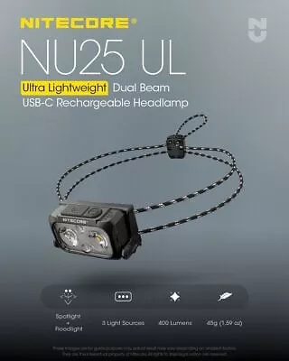 NiteCore NU25 UL 400 Lumens Ultralight USB-C Rechargeable Headlamp Headlight • $55.99