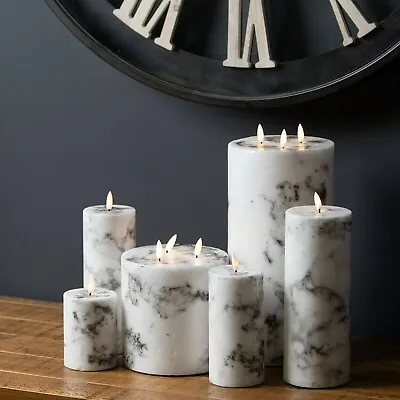 £14.99 • Buy LED Pillar CANDLES Marble Grey White Glow Flame Timer BATTERIES INCLUDED  