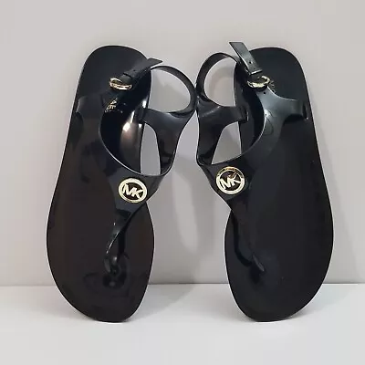 Michael Michael Kors Womens Black Gold Sandals Jelly PVC Buckle Logo Sz 8 EUC • $32.24