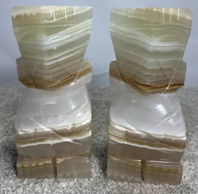 Pair AZTEC MYAN TOTEM POLE MEXICAN ONYX AGATE MARBLE BOOKENDS • Heavy • NICE!! • $30