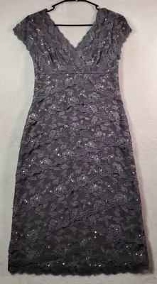 Marina Dress Womens Size 4 Gray Lace Floral Nylon Cap Sleeve Lined Wrap V Neck • $18.99