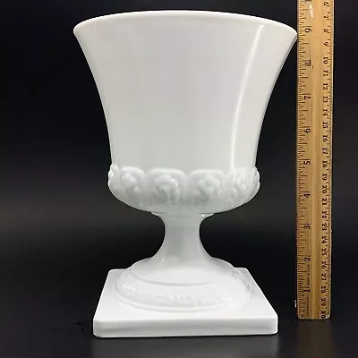 Large Vase Pedestal Urn Planter Milk Glass Greek Key Pattern EO Brody 9” Tall • $22.50