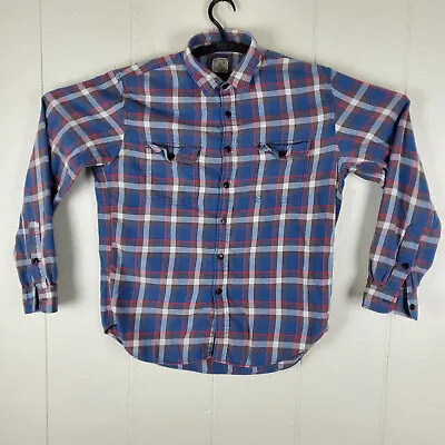 J.CREW Shirt Mens Large Brown Blue Plaid Flannel Button Up Collared Long Sleeve • $13.98