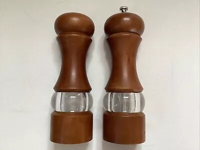 Vintage Olde Thompson Wood Salt And Pepper Mill Set With Glass Inserts 7 1/2” • $29