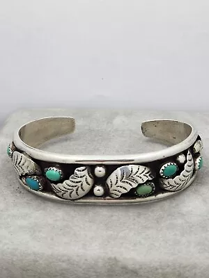 Vintage James McCabe Navajo Turquoise PRAYERS FEATHERS Sterling Cuff Bracelet • $399.97