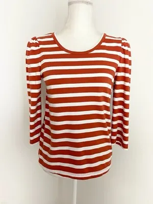 J. Crew Womens Blouse Size XS Orange White Striped Scoop Neck 3/4 Puff Sleeve • $59.93