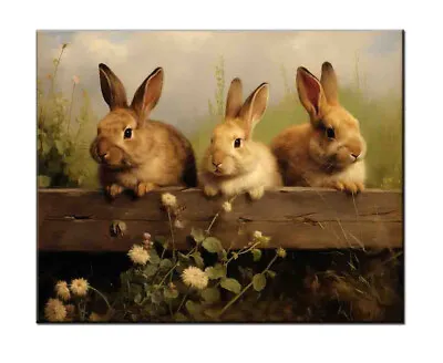 Bunnies Oil Painting Printed On Canvas-Rabbit Art Prints-Vintage Home Wall Decor • $8.77