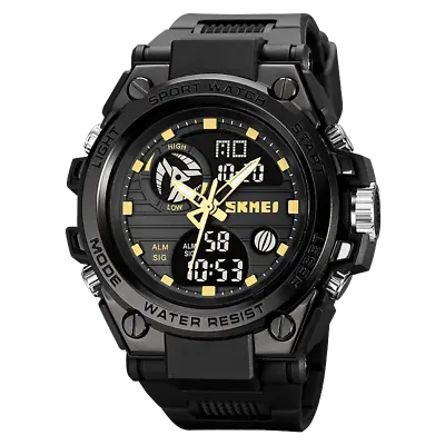 SKMEI Mens Black Dual Time Large Digital And Analogue Watch With Rubber Strap • £15.99