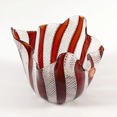 Murano Art Glass Italy Handkerchief Fazzoletto Vase Red White Zanfirico Lattice • $521.25