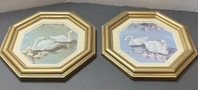 Framed Swan Pictures Vintage Homco Set Of 2 Gold Octagon Framed Swans • $19.46